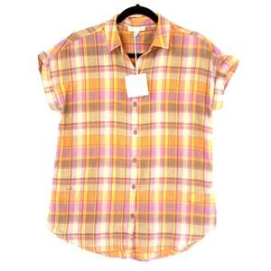 Beach Lunch Lounge Top Women XS Multicolor Plaid Cotton Button Up Short Sleeve